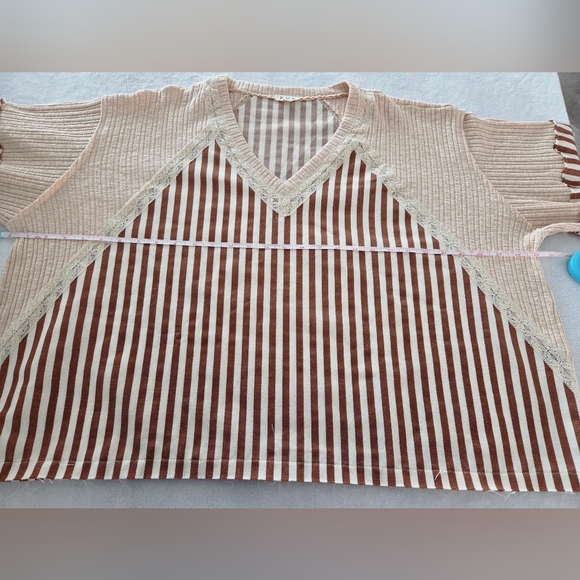 POL Striped V-Neck Top Lace Star Sleeves Balloon Brown Cream Size M NWT - Picture 6 of 12
